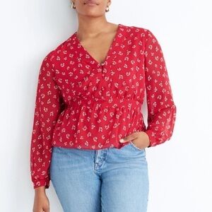 Madewell Retro Ditsy Floral V-Neck Peplum Top in Little Lilies Small Red NWT